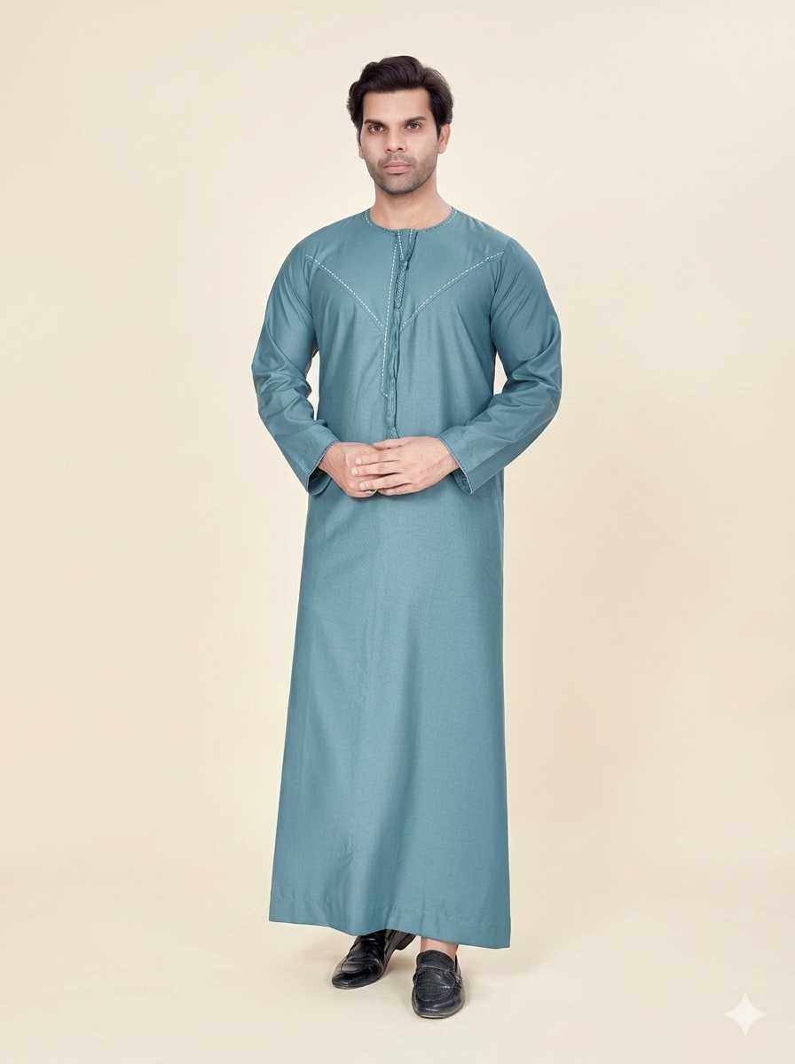 Emirates Style Teal Blue Embroidered Thobe for Men's