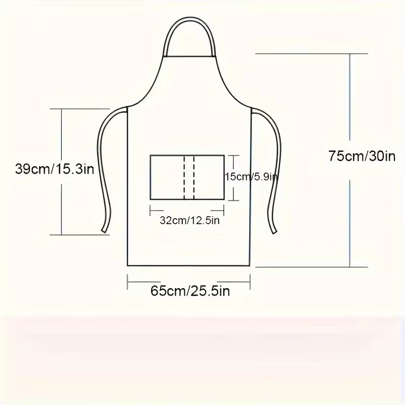 Apron size chart: 30 in length, 25.5 in width, 12.5 in x 5.9 in pocket