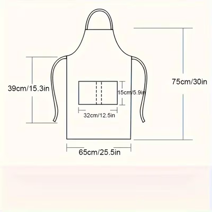 Apron size chart: 30 in length, 25.5 in width, 12.5 in x 5.9 in pocket