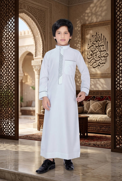 White Embroidered Premium Thobe for Kids