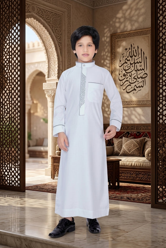 White Embroidered Premium Thobe for Kids